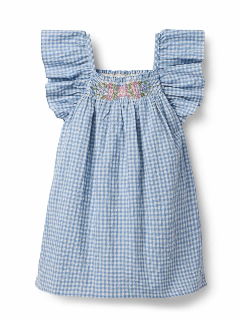 Janie and Jack Girl’s Dress Gingham Smocked Floral Embroidered Size 6 Ruffle